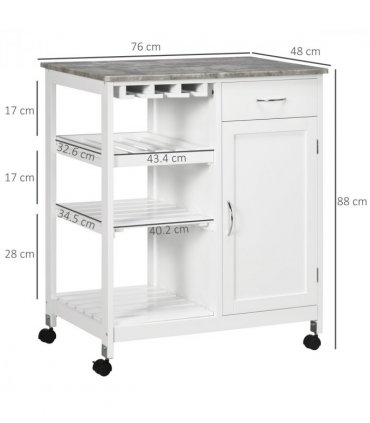 Kitchen Trolley Utility Cart on Wheels with Wine Rack, Drawer, Open Shelf White