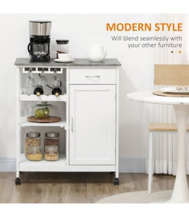 Kitchen Trolley Utility Cart on Wheels with Wine Rack, Drawer, Open Shelf White