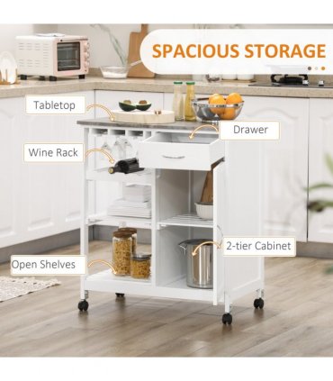 Kitchen Trolley Utility Cart on Wheels with Wine Rack, Drawer, Open Shelf White