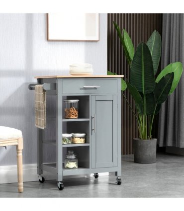 Kitchen Trolley Utility Cart on Wheels with Open Shelf & Storage Drawer Grey