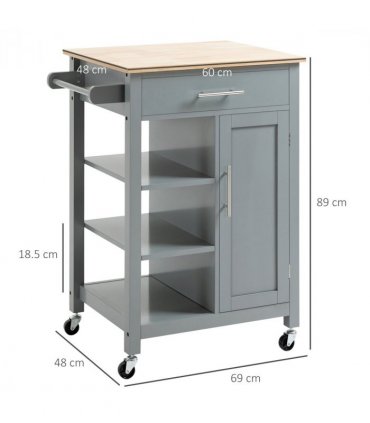 Kitchen Trolley Utility Cart on Wheels with Open Shelf & Storage Drawer Grey