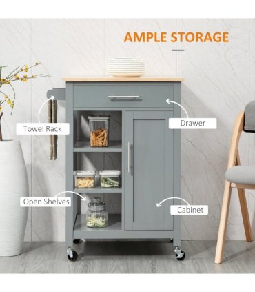Kitchen Trolley Utility Cart on Wheels with Open Shelf & Storage Drawer Grey