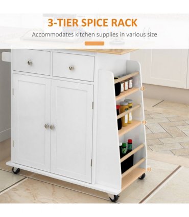 Kitchen Island Storage White MDF Rubber Wood 89cmx45cmx89.5cm 3-Tier Spice Rack