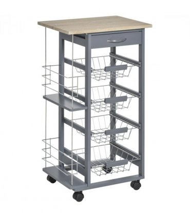 Kitchen Island Trolley w/ 4 Baskets 2 Side Racks Drawer Dark Grey