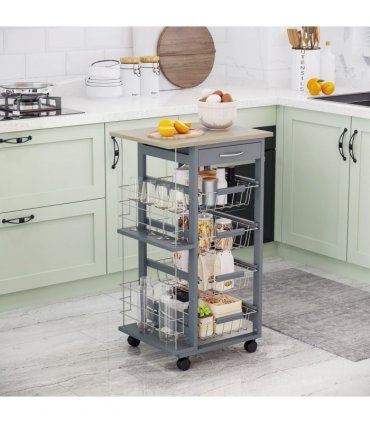 Kitchen Island Trolley w/ 4 Baskets 2 Side Racks Drawer Dark Grey
