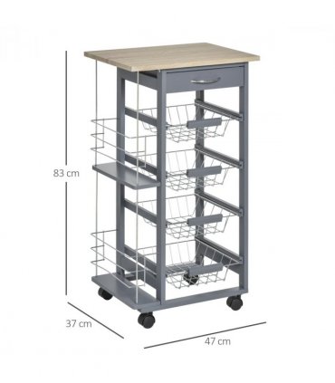 Kitchen Island Trolley w/ 4 Baskets 2 Side Racks Drawer Dark Grey