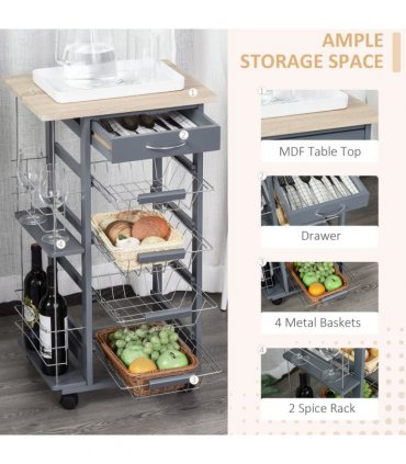 Kitchen Island Trolley w/ 4 Baskets 2 Side Racks Drawer Dark Grey