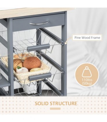 Kitchen Island Trolley w/ 4 Baskets 2 Side Racks Drawer Dark Grey