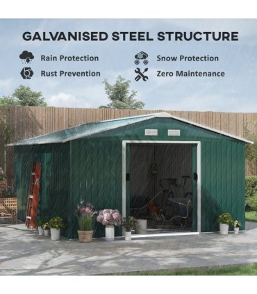 13ft x 11ft Outdoor Roofed Metal Storage Shed Foundation Vent & Doors Green