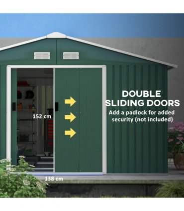 13ft x 11ft Outdoor Roofed Metal Storage Shed Foundation Vent & Doors Green