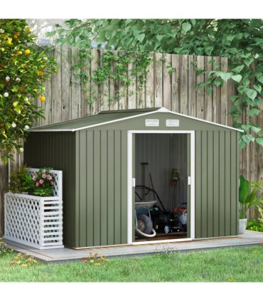 9 x 6FT Garden Metal Storage Shed Tool Box Foundation Vent & Doors  Green