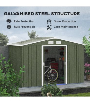 9 x 6FT Garden Metal Storage Shed Tool Box Foundation Vent & Doors  Green