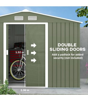 9 x 6FT Garden Metal Storage Shed Tool Box Foundation Vent & Doors  Green