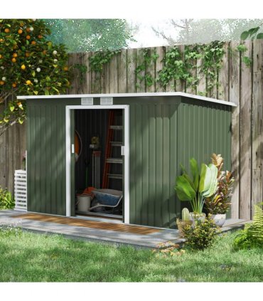 Corrugated Metal Shed Green 280cm x 130cm x 172cm Pent Sliding Lockable Door