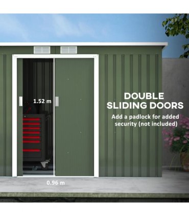 Corrugated Metal Shed Green 280cm x 130cm x 172cm Pent Sliding Lockable Door
