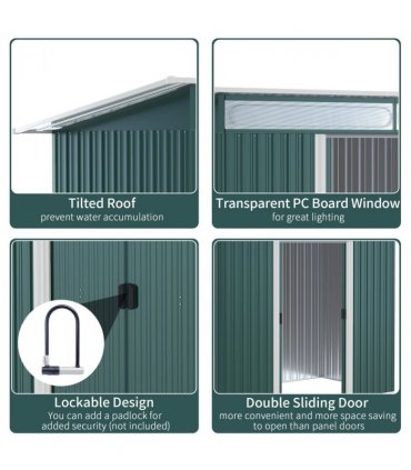 Pent Roofed Metal Shed Foundation Vent 260x133x200cm Sliding Door Green