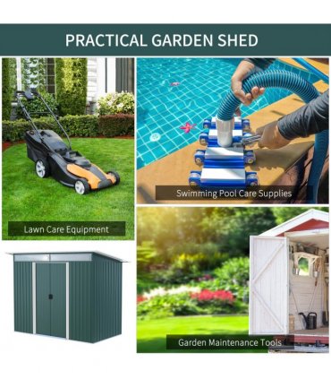 Pent Roofed Metal Shed Foundation Vent 260x133x200cm Sliding Door Green