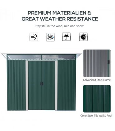 Pent Roofed Metal Shed Foundation Vent 260x133x200cm Sliding Door Green
