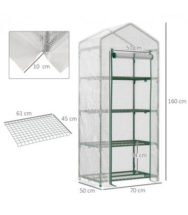 Greenhouse 4 Tier Mini, Portable Steel Frame, PE Cover, 160x69x50cm, White