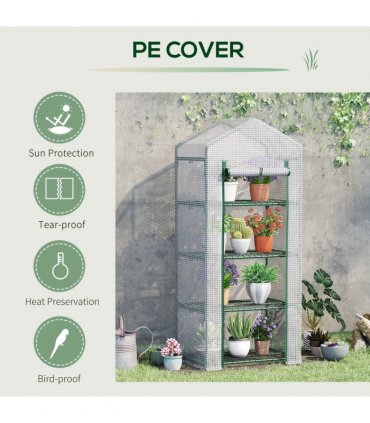 Greenhouse 4 Tier Mini, Portable Steel Frame, PE Cover, 160x69x50cm, White