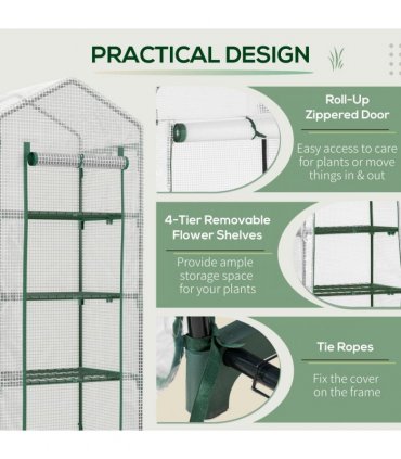 Greenhouse 4 Tier Mini, Portable Steel Frame, PE Cover, 160x69x50cm, White