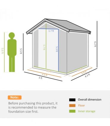 Outdoor Storage Shed, Sliding Door, Sloped Roof, Metal, Grey, 152 x 132 x 188 cm