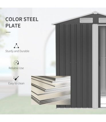 Outdoor Storage Shed, Sliding Door, Sloped Roof, Metal, Grey, 152 x 132 x 188 cm