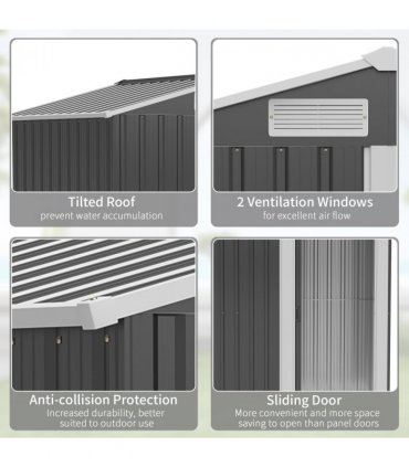 Outdoor Storage Shed, Sliding Door, Sloped Roof, Metal, Grey, 152 x 132 x 188 cm