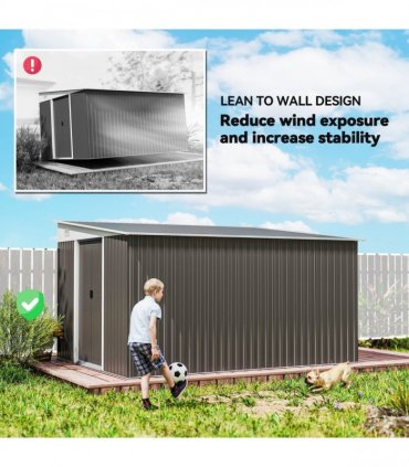 11.3 x 9.2ft Steel Garden Shed Metal Tool House Double Doors & 2 Air Vents, Grey