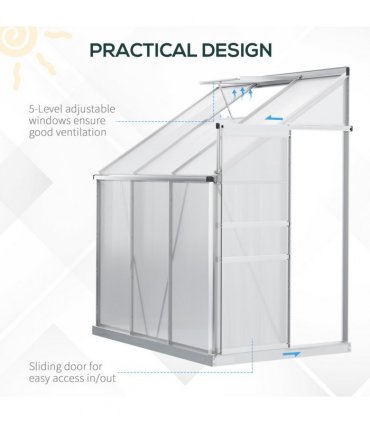 6 x 4ft Polycarbonate Greenhouse Aluminum Roof Vent, Rain Gutter Sliding Door,