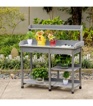 Garden Potting Workstation Bench w/ Galvanized Metal Tabletop