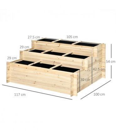 Garden Flower Box 3 Tier Raised 9 Grids Non-woven Fabric Natural Wood 117cm