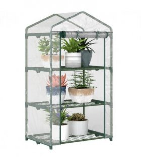 3 Tier Mini Greenhouse Roll Up Door Wire Shelves, 69x49x125cm, Clear