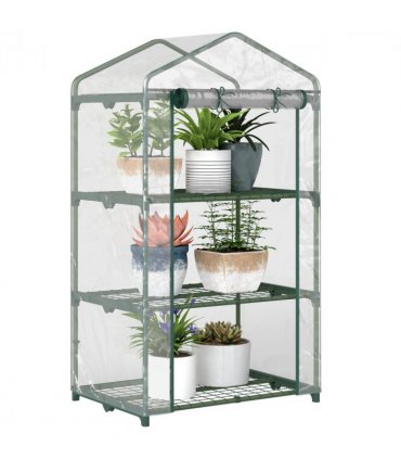 3 Tier Mini Greenhouse Roll Up Door Wire Shelves, 69x49x125cm, Clear