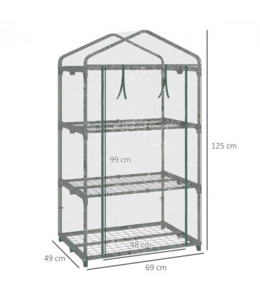 3 Tier Mini Greenhouse Roll Up Door Wire Shelves, 69x49x125cm, Clear
