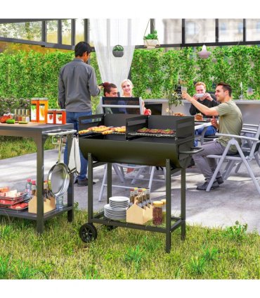 Outsunny Steel 2-Grill Charcoal BBQ w/ Wheels Black