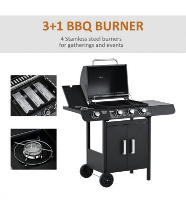Deluxe Gas Burner Barbecue Grill 3+1 Burner BBQ Trolley 110x50x100cm