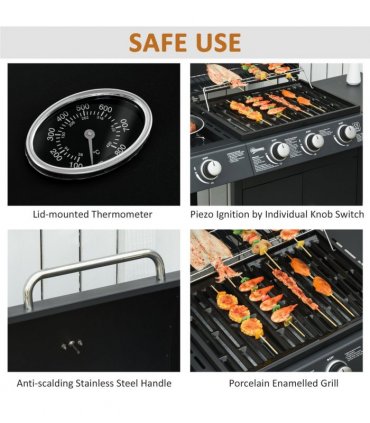 Deluxe Gas Burner Barbecue Grill 3+1 Burner BBQ Trolley 110x50x100cm