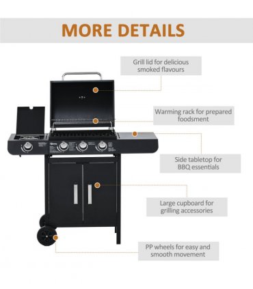 Deluxe Gas Burner Barbecue Grill 3+1 Burner BBQ Trolley 110x50x100cm