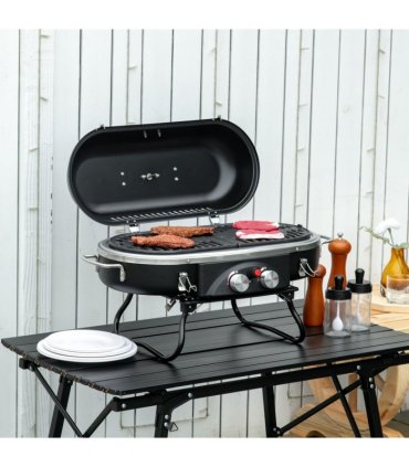Gas BBQ Grill 2 Burner Table Piezo Ignition Thermometer