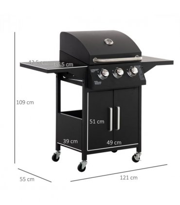 3 Burner Gas BBQ Grill Portable Barbecue Trolley Warming Rack Storage Cabinet