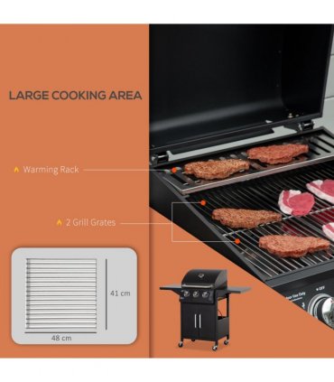 3 Burner Gas BBQ Grill Portable Barbecue Trolley Warming Rack Storage Cabinet