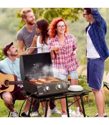 2 Burner Gas BBQ Grill Portable Folding Tabletop Barbecue Lid Thermometer Black
