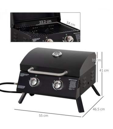 2 Burner Gas BBQ Grill Portable Folding Tabletop Barbecue Lid Thermometer Black