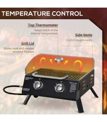 2 Burner Gas BBQ Grill Portable Folding Tabletop Barbecue Lid Thermometer Black