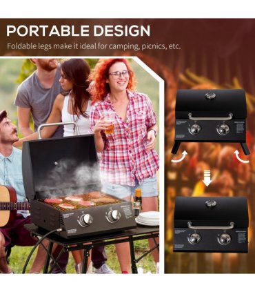 2 Burner Gas BBQ Grill Portable Folding Tabletop Barbecue Lid Thermometer Black
