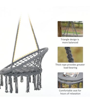 Cotton-Polyester Blend Macrame Hanging Chair Swing Hammock & Backrest, Grey