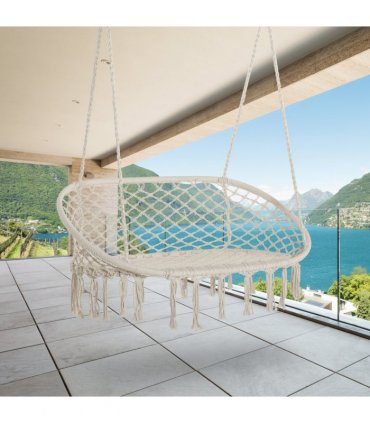 Hanging Hammock Chair Cotton Rope Swing & Metal Frame Large Macrame, Cream White