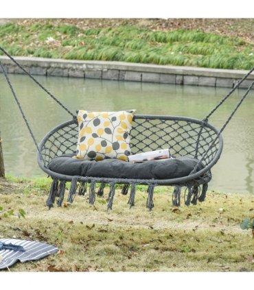 Hanging Hammock Chair Cotton Rope Swing & Metal Frame Large Macrame, Dark Grey