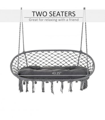 Hanging Hammock Chair Cotton Rope Swing & Metal Frame Large Macrame, Dark Grey